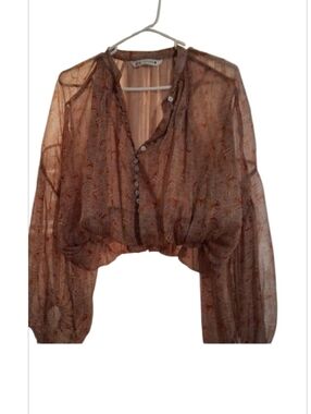 Zara Sheer Paisley Brown Button-Front Blouse